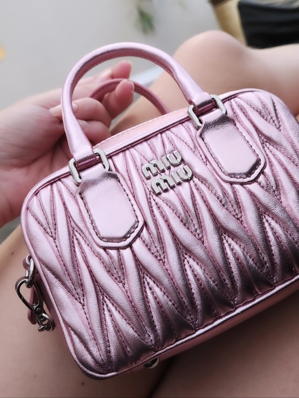 Miu Miu Metallic Rose Pink Matelassé Logo Plaque Zipped Mini Bag